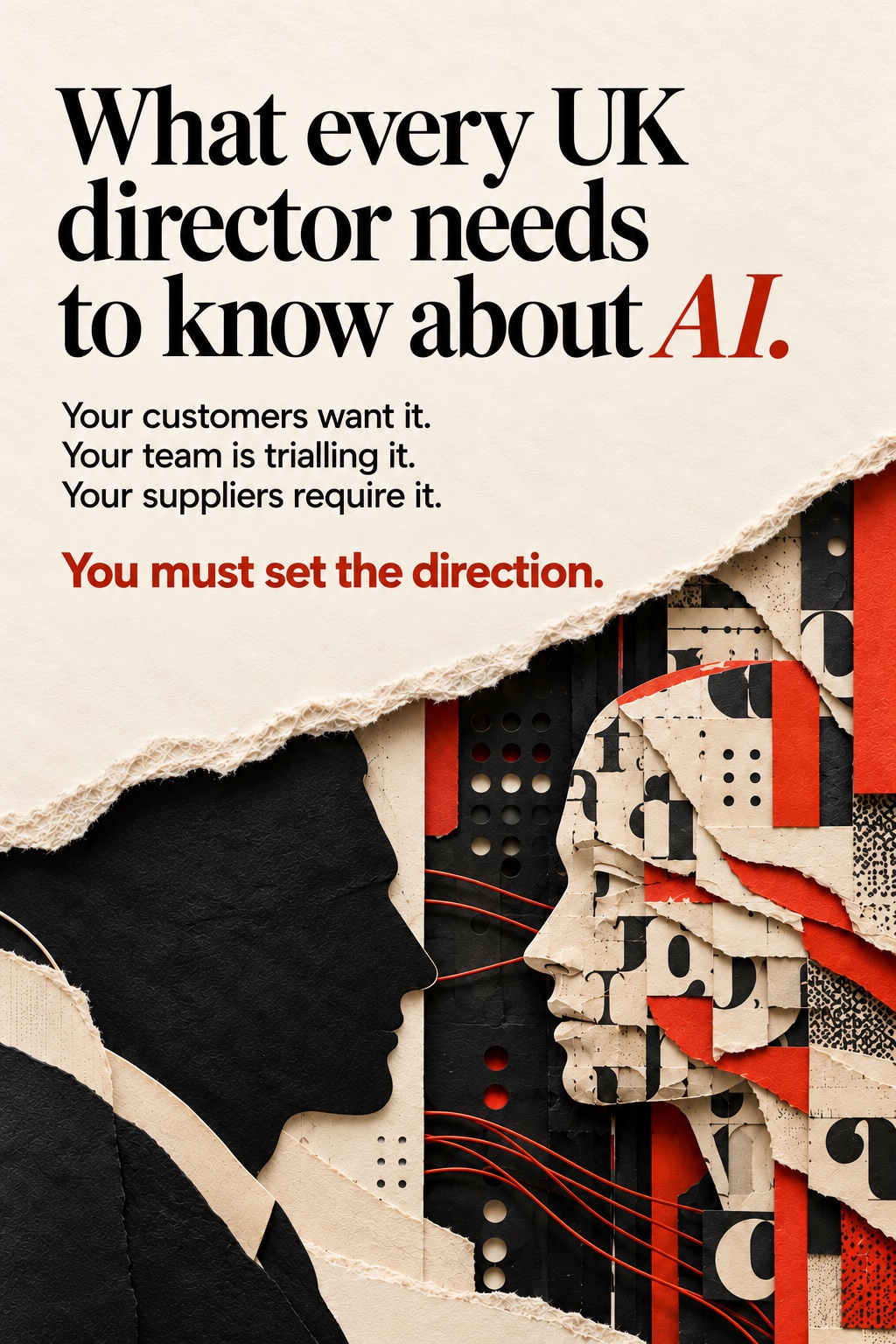 What every UK director needs to know about AI. Your customers want it. Your team is trialling it. Your suppliers require it. You must set the direction. Editorial cover with torn-paper human profiles.